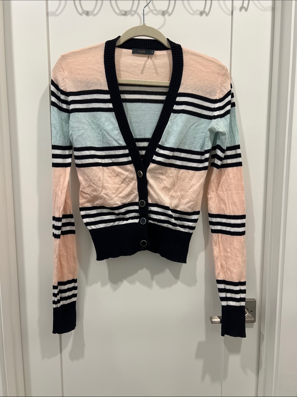 THML Pink & Mint Striped V-Neck Cardigan with Black Trim